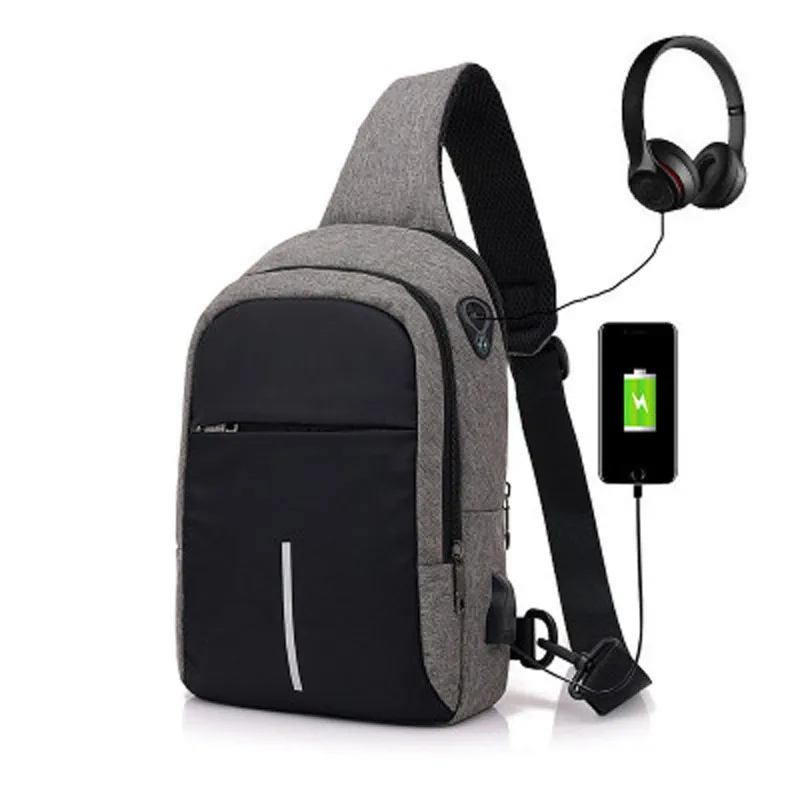

Men's Canvas Chest Bag External USB Interface Charging Smart Small Backpack Wide Shoulder Strap Zipper Design Men Shoulder Bag