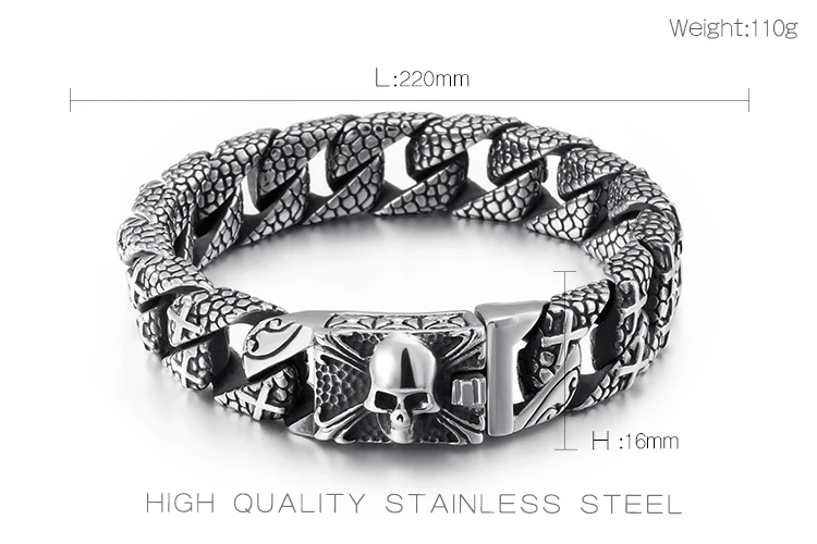 Мужской винтажный браслет из нержавеющей стали с черепом и кубинской цепью 16 мм 8