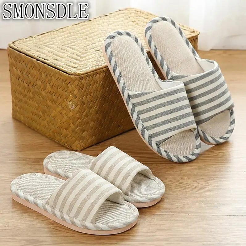 SMONSDLE 2019 spring summer autumn and winter seasons indoor linen slippers female non-slip couple horizontal stripes A154 | Обувь