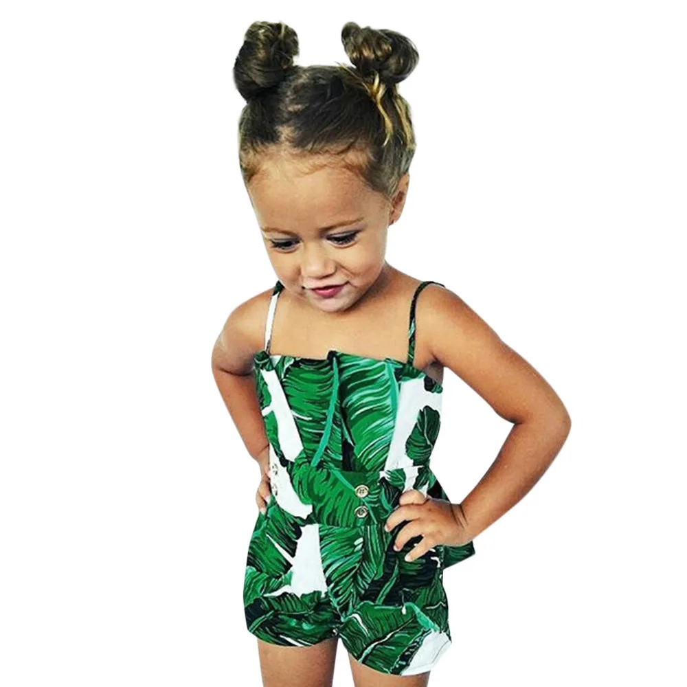 Leaves Print Strap baby Girls Bodysuits Cotton Sleeveless Infant Baby Girls Jumpsuit Outfits Clothes New Trendy Summer