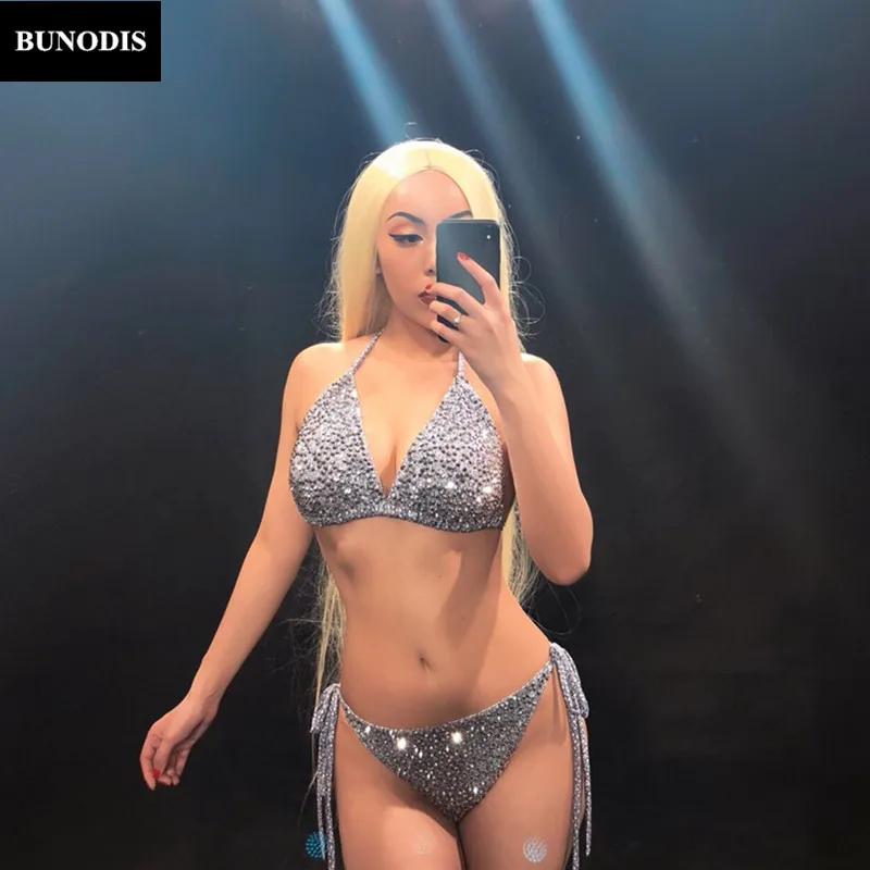 ZD170 Full Of Black Sparkling Crystals Silver Bikini Women Sexy Clothing Nightclub Beach Party Stage Wear Singer Dancer Costumes