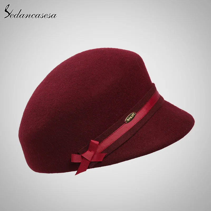 Burgundy 57cm Sedancasesa, Кепка с козырьком, шерстяная фетровая шляпа для женщин, рыцарские английские шапки для верховой езды, модная женская шапка для осени и зимы - Цвет: Burgundy 57cm