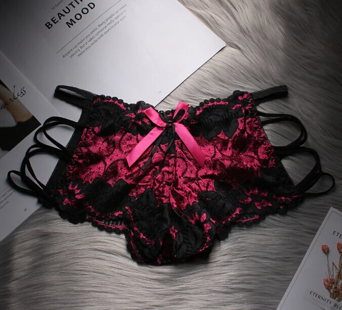rose red Сексуальные женские кружевные трусики, стринги с перекрещивающимися бретельками, трусики с цветами, сексуальные трусики, нижнее белье для женщин, женские трусики - Цвет: rose red