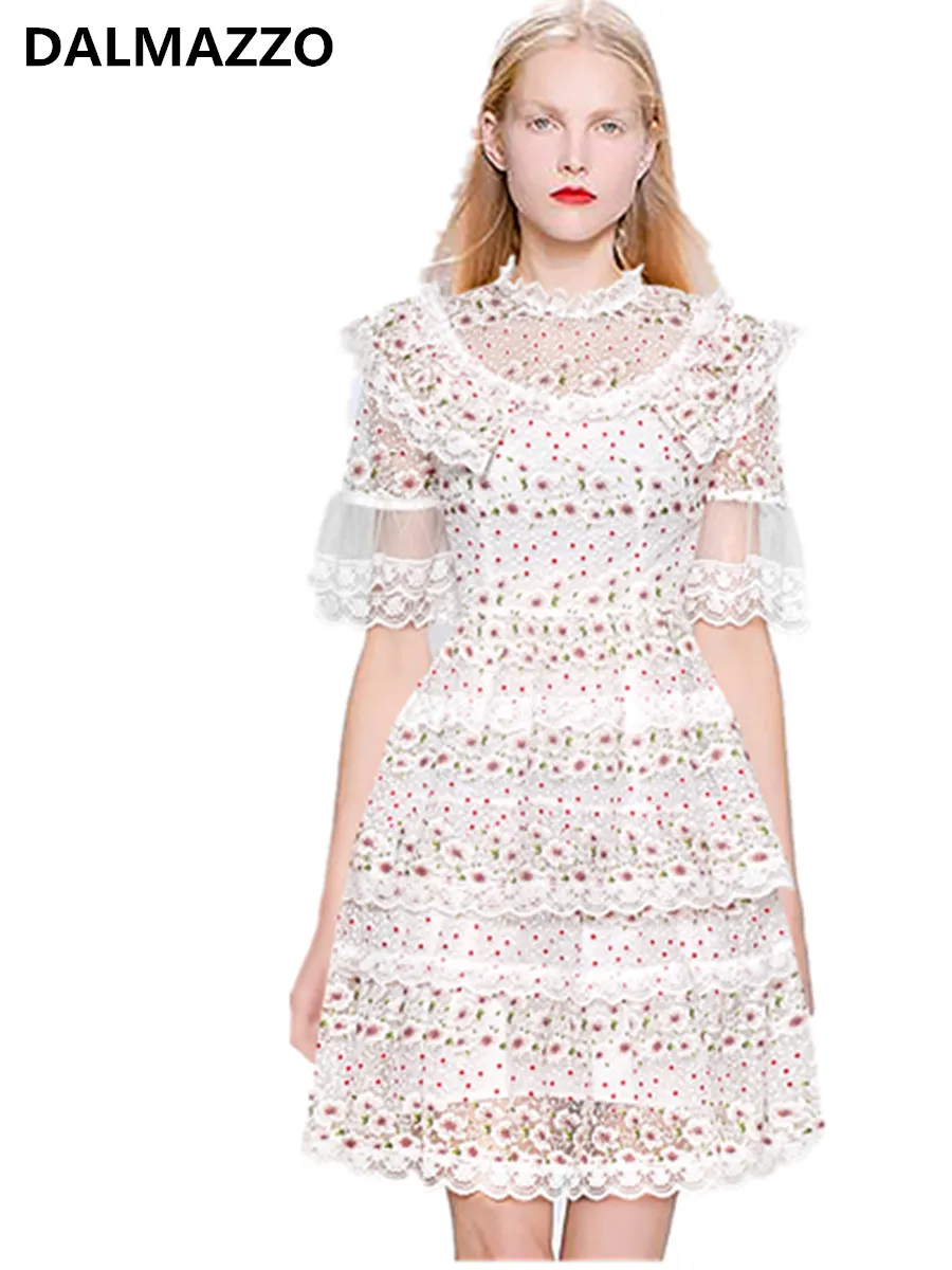 Женское платье мини с коротким рукавом Сетчатое вышивкой и стоячим вырезом лето