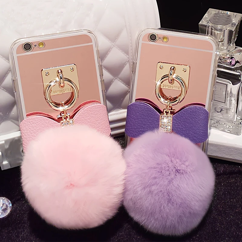 

Fashion Cute Bowknot Hairball Pendant Soft Bling Mirror Phone Case Back Cover For Samsung S8 S9 S10 S20 S21 PLUS Note 8 9 10 20