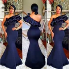 Темно-синее платье для свадебной вечеринки, женское платье подружки невесты, атласное платье с длинным коротким рукавом и одним открытым плечом для подружки невесты