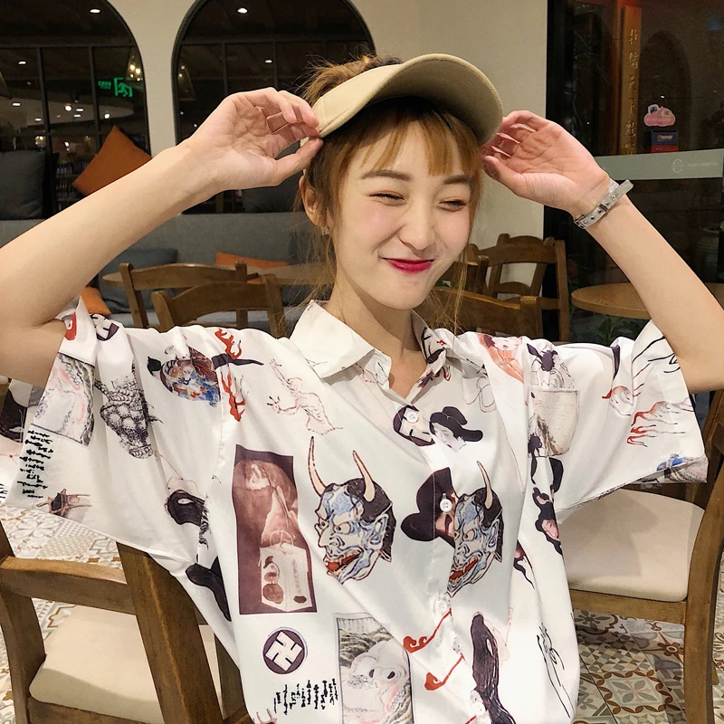 Korobov Ulzzang, женские блузки, Ретро стиль, мультяшный принт, корейские женские рубашки, короткий рукав, уличная одежда, Harajuku Blusas Mujer 77968