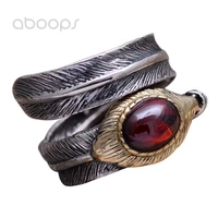 bicolor 925 sterling silver feather ring with garnet agate for men womenadjustable size 7 11free shipping