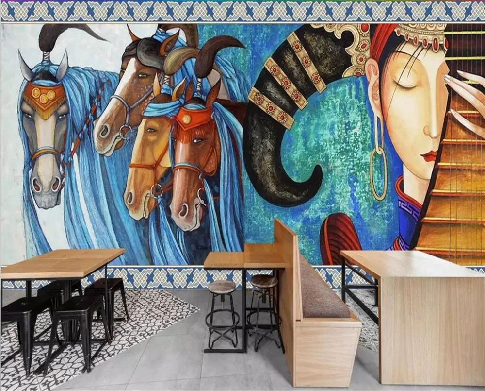 

wellyu Custom wallpaper 3D murals European hand-painted art Mongolian dance horse hotel restaurant background wall paper mural
