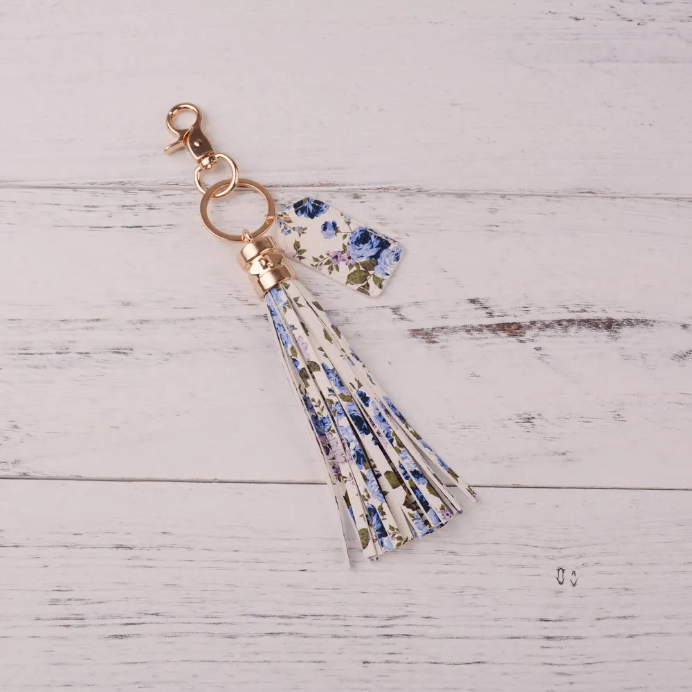 flower blue Rainbery многоцветный кожаный брелок с монограммой и кисточкой для женщин, брелок с подвеской из сплава, брелок для автомобиля, кольцо, держатель, Ретро ювелирные изделия - Цвет: flower blue