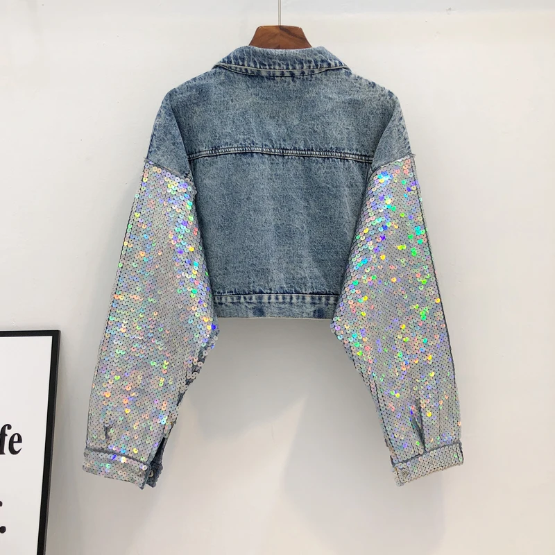 

Sequins Patchwork Jacket For Women Lapel Long Sleeve Button Big Size Denim Coat Female Fashion 2019 Summer New