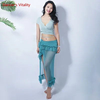Зеленый Танец живота с V-образным вырезом Дизайн Дамская ткань womne Dance Костюм с коротким рукавом+ нерегулярная юбка восточного танца - Цвет: Зеленый