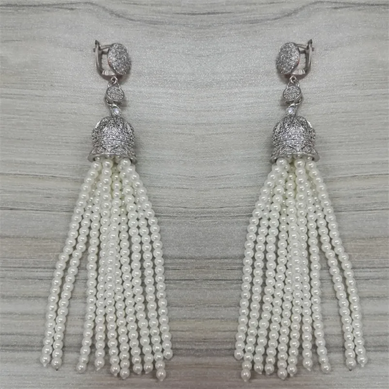 Boho cz Циркон Корона шляпа разъем талисманы длинные висячие 10 рядов белый жемчуг с бисером кисточкой серьги для женщин Свадебные украшения