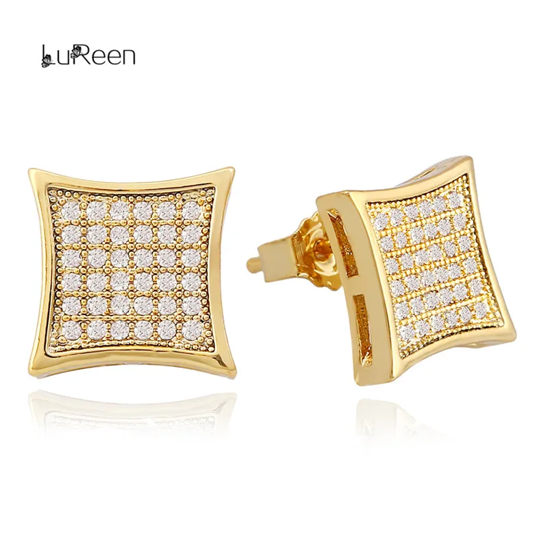 gold Lureen в стиле хип-хоп золото; серебро; Сережки для мужчин Стразы Micro Pave Cz квадратной формы серьги гвоздики для женщин ювелирные изделия подарки WGEH1001 - Окраска металла: gold