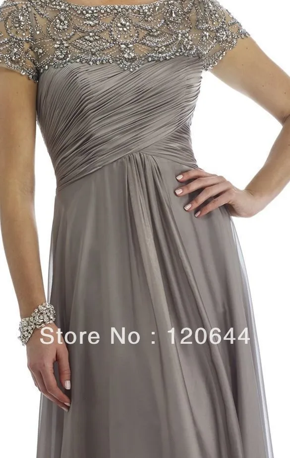 New Beautiful Beaded Sheer Chiffon Grey Ruching Short Sleeve Floor Length Mother Of the Bride Dress | Свадьбы и торжества