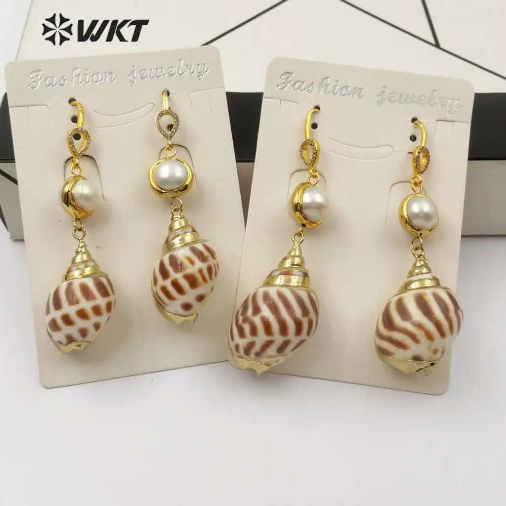 

WT-E525 WKT Trumpet Shell Earrings Natural Trumpet Shell With Small Pearl Decorative Earrings Suitable For Women Seaside Jewelry