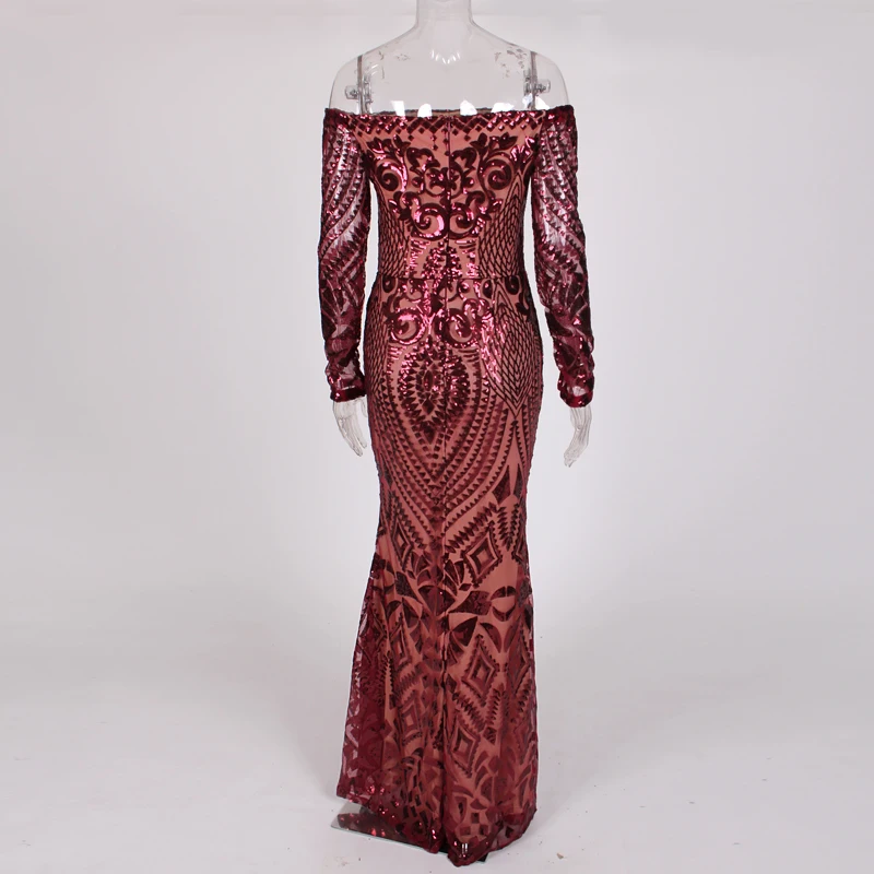 Бургундия сексуальные с плеча Платье блестками Dress тугой длина пола Geometicс