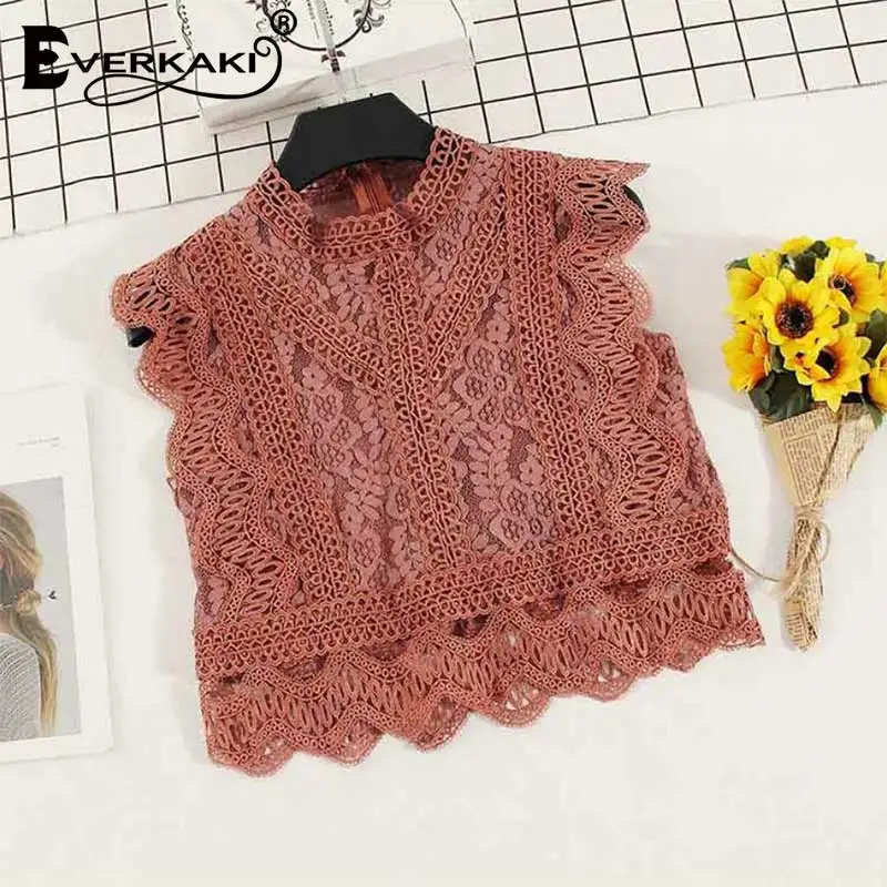 Rosy Red Everkaki Кружевная футболка без рукавов Топ Женская богемная футболка с молнией сзади 7 цветов Короткие топы женские Лето Новинка - Цвет: Rosy Red