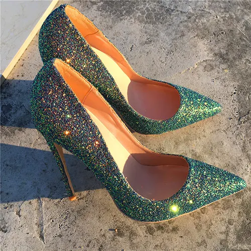 Green 8cm Heels Veowalk/пикантные женские туфли на очень высоком каблуке с блестящими блестками; модные туфли-лодочки с острым носком на шпильке; итальянские Свадебные модельные туфли без застежки - Цвет: Green 8cm Heels