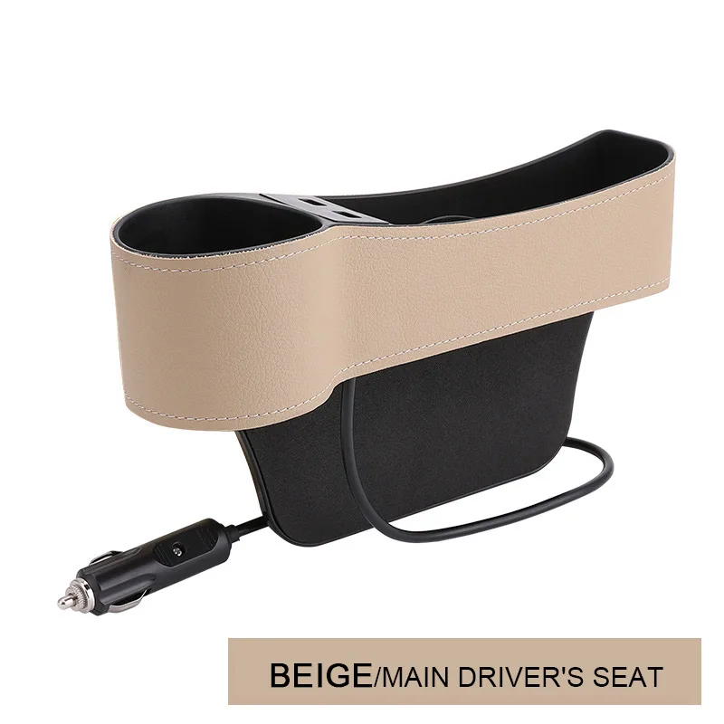 Beige Left Side Обновленная коробка для хранения, органайзер для автомобильных сидений, карман из искусственной кожи, автомобильные аксессуары для сидений с Боковым Разрезом, с 12/24 В, прикуриватель - Название цвета: Beige Left Side
