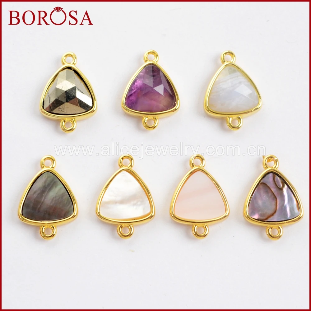 

BOROSA 10PCS 12x12mm Triangle Multi-kind Faceted Stones Gold Plated Connector Beads Amethysts Shell Double Charms Jewelry WX991