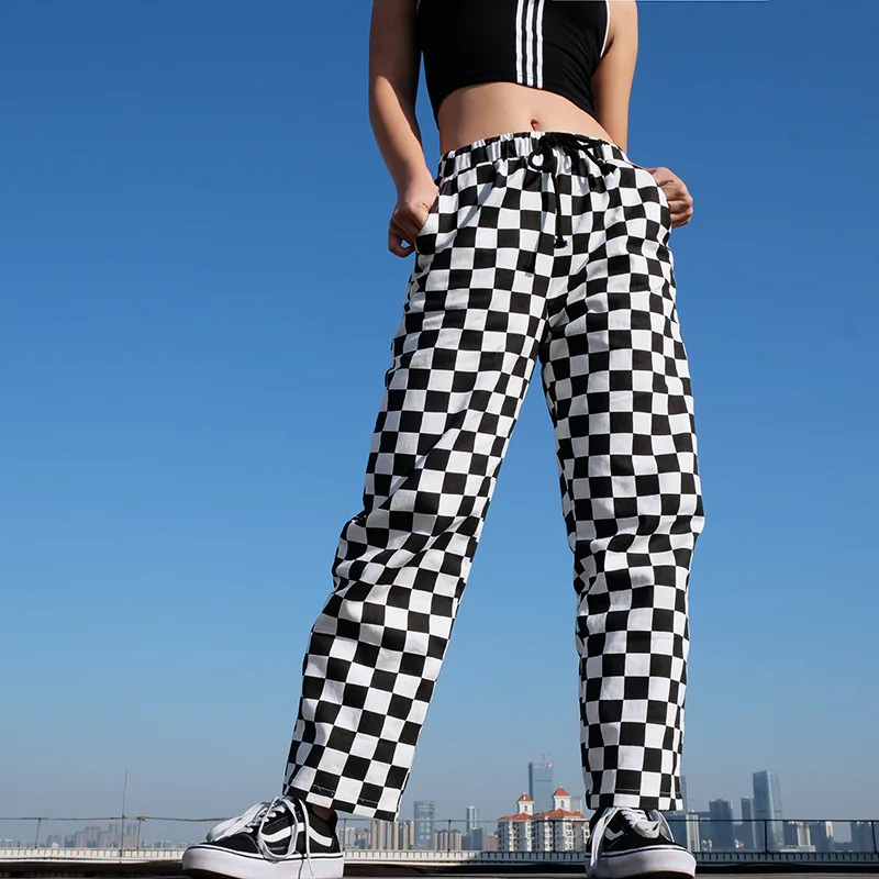 

Black and White Plaid Pants Womens High Waist Checkered Straight Pants Casual Loose Fashion Trousers Pantalon Femme Sweatpants