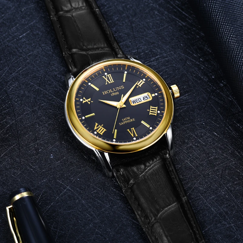 Часы Holuns мужские модные спортивные повседневные классические золотые кожаные