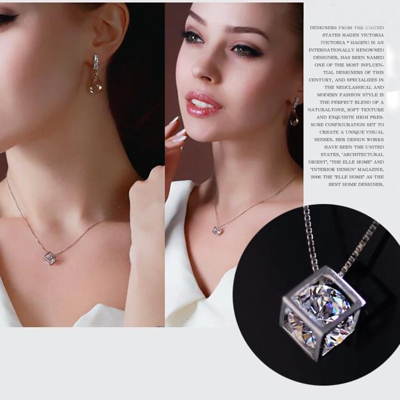 

JYouHF Shining Crystal Necklaces Women Luxury White Gold Plated Cube CZ Zircon Pendant Necklace Party Wedding Fashion Jewelry