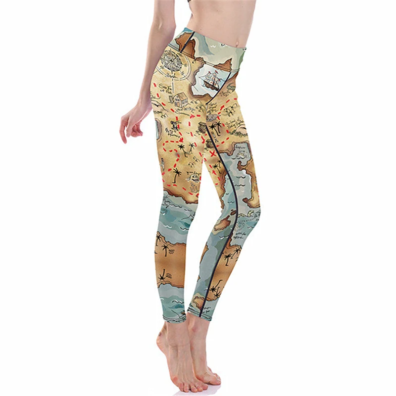 

Женские винтажные леггинсы для фитнеса с принтом карт, быстросохнущие упражнения, Длинные энергетические брюки с высокой талией, одежда дл...