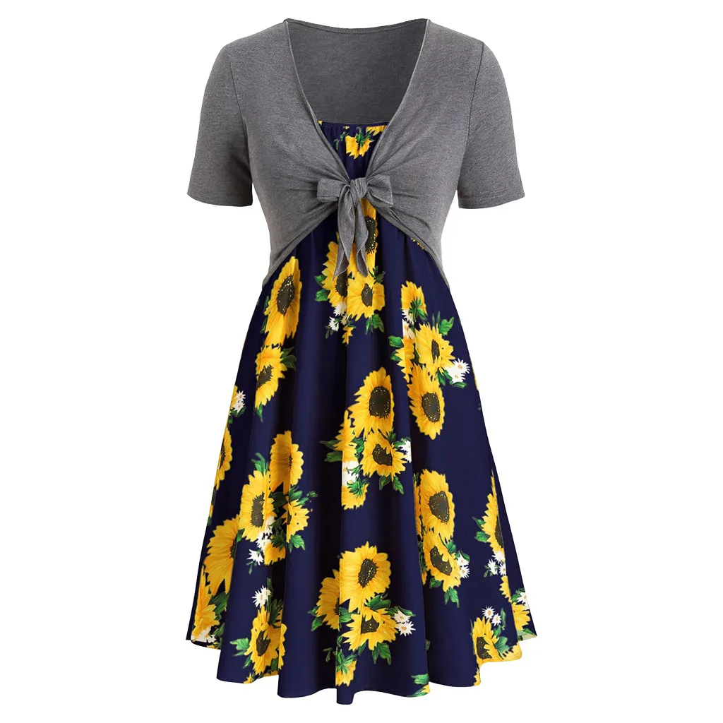 Женский пляжный костюм с бантом мини-платье коротким рукавом и принтом