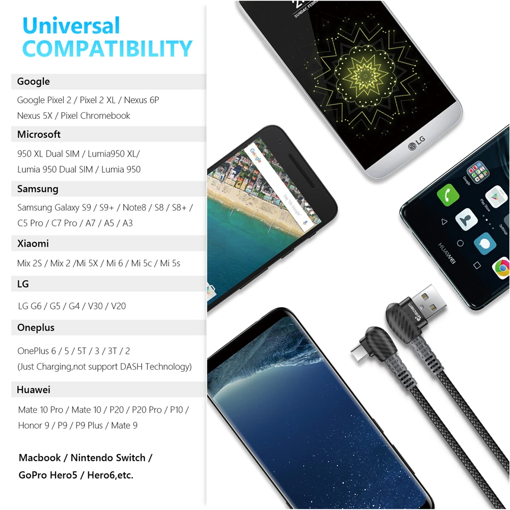 TIEGEM type C кабель 2A Быстрая зарядка 90 градусов USB для Xiaomi 6 8 samsung S8 S9 Plus Note 9 huawei P9 P10