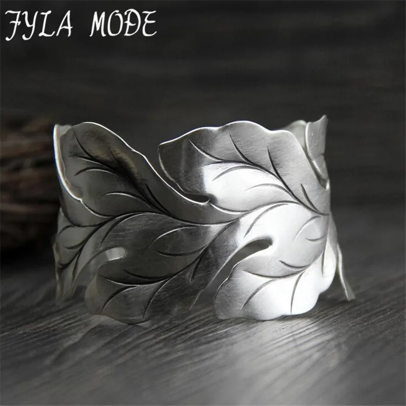 

Fyla Mode Fashion Jewelry 925 Silver Arm Jewelry Leaf Shape Open Wide Cuff Bracelet Bangles for Women Men 33mm Width 42G WTB061