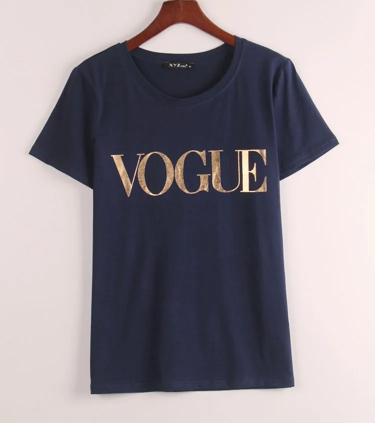 Золотой Vogue футболка с буквенным принтом Для женщин короткий рукав с круглым вырезом свободные футболки Лето Для женщин футболка топы Camisetas Mujer - Цвет: Синий