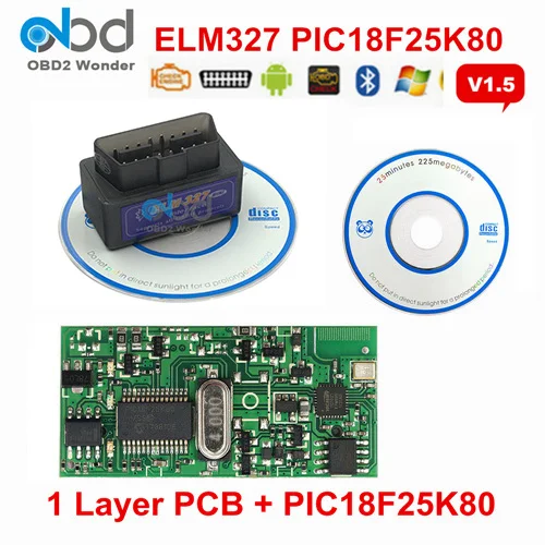 1 Layer PCB Black OBD II ELM327 PIC18F25K80 Bluetooth V1.5 автоматический сканер ELM 327 25K80 2 слоя PCB OBDII диагностический сканер аппаратное обеспечение 1,5 Android PC - Цвет: 1 Layer PCB Black