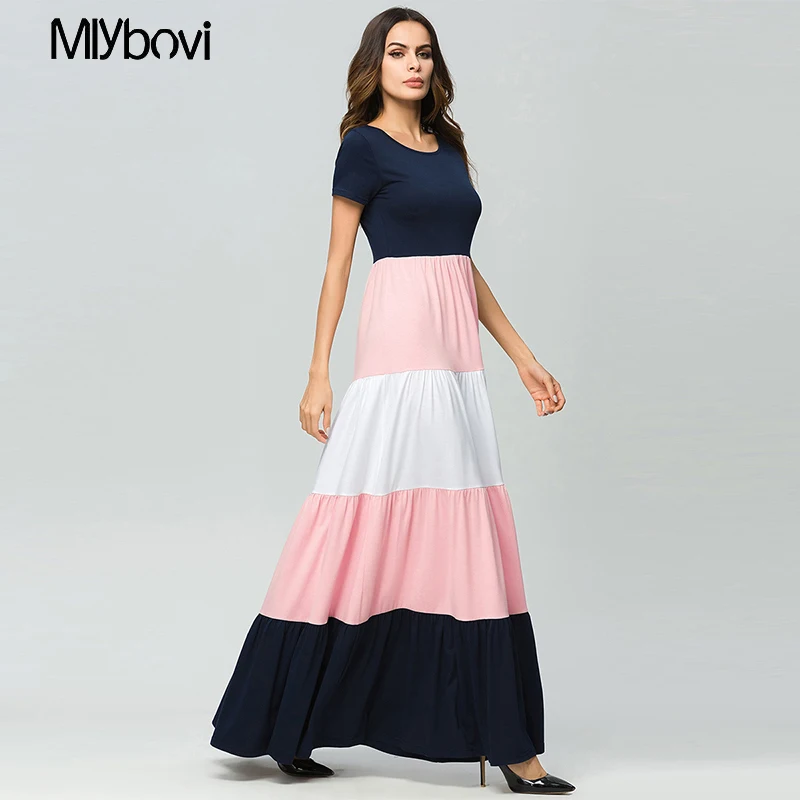 Лоскутные stripes Розовый Макси платья Женский Весна 2018 с коротким рукавом мода