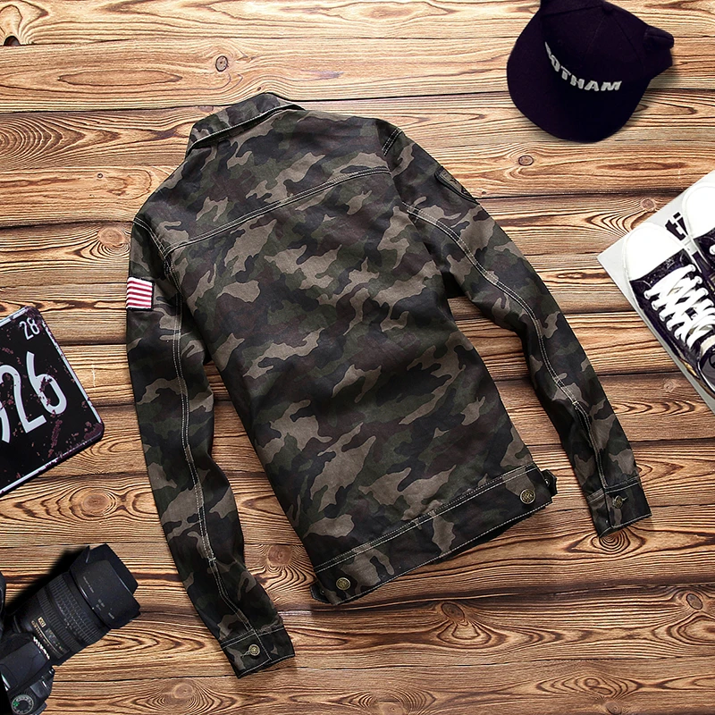 

Spring Men camouflage denim jacket Military Tactical windbreaker Slim Coats Fashion Camo jeans Outerwear Tops plus suze 062003