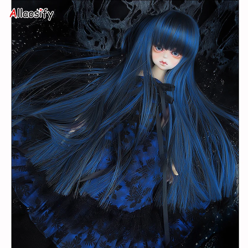 Allaosify BJD парик для 1/3 1/4 высокотемпературное волокно серый и синий для девочек удлиненные волосы BJD для кукол