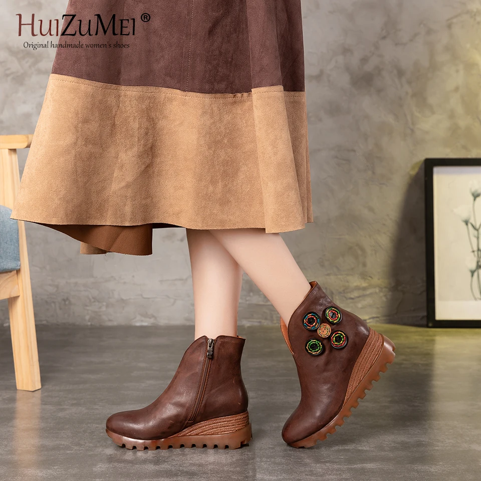 HUIZUMEI BHandmade oots/женские ботильоны из натуральной кожи женские мягкие ботинки