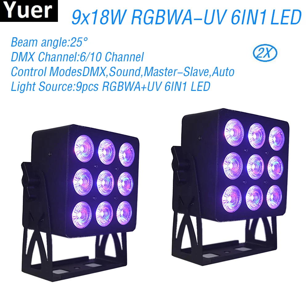 

2 шт./лот 9x18 Вт RGBWA-UV 6IN1 светодиодный сценический парблайзер 6/10CH DMX512 мыть светодиодный сценический эффект DJ диско свет свадебные вечерние Клу...