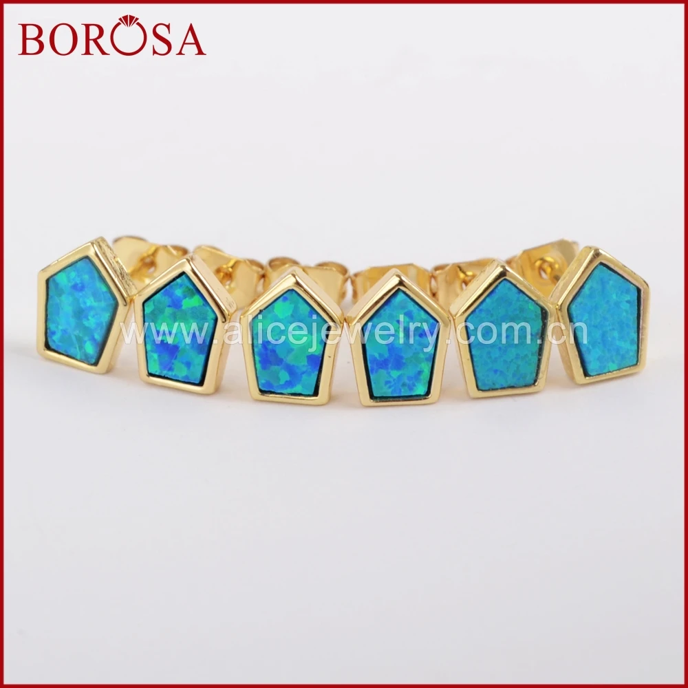 Серьги-гвоздики BOROSA ZG0228 женские с голубым опалом, украшение в японском стиле, золотистого цвета