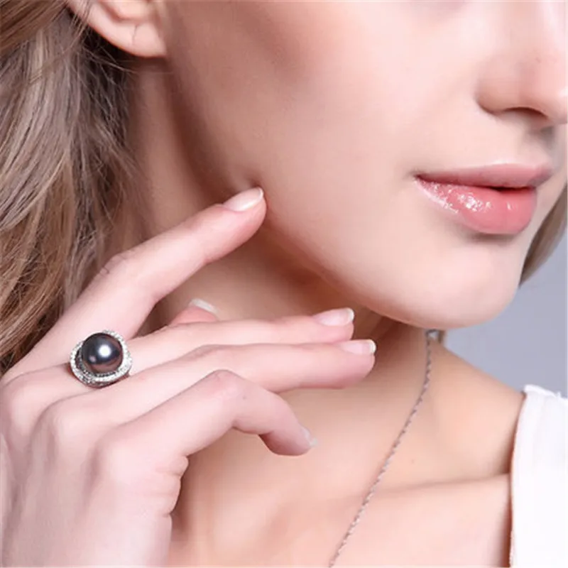 NYMPH JEWELRY 10-11 mm round Natural Black Tahitian Pearl rings with s 925 sterling silver fine jewelry Clover shape [ZZN] | Украшения и