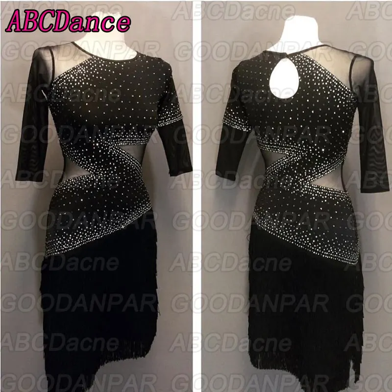 

latin dance dress Black half sleeve latin dancing dress tango dress chacha dancewear fringe skirt