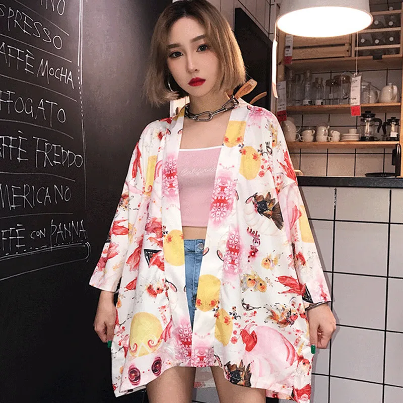 Женская рубашка японское кимоно Harajuku Ukiyo-e Printig Блузка Свободный Повседневный