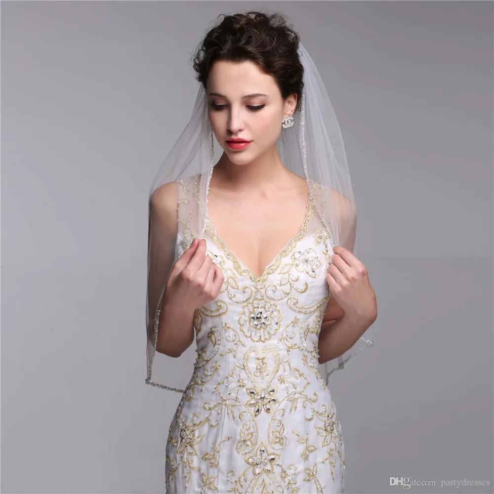 Один слой свадебная вуаль с расческой белая и слоновая кость собора тюль бисером