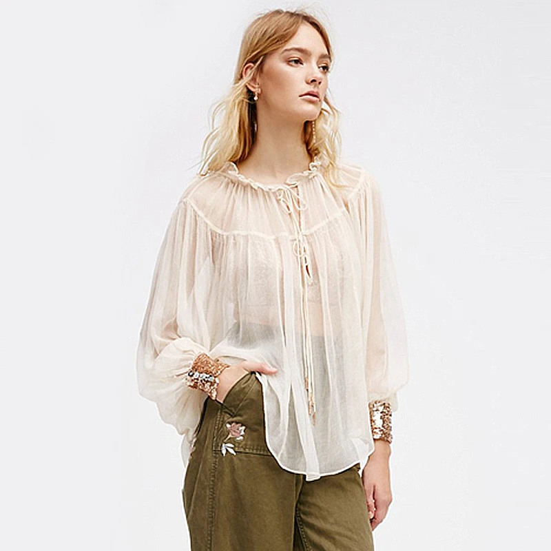 

2021 women's new sexy blouses long sleeve regular fashion blouses sequined ruffles cute shirts transparent blouses bandage top