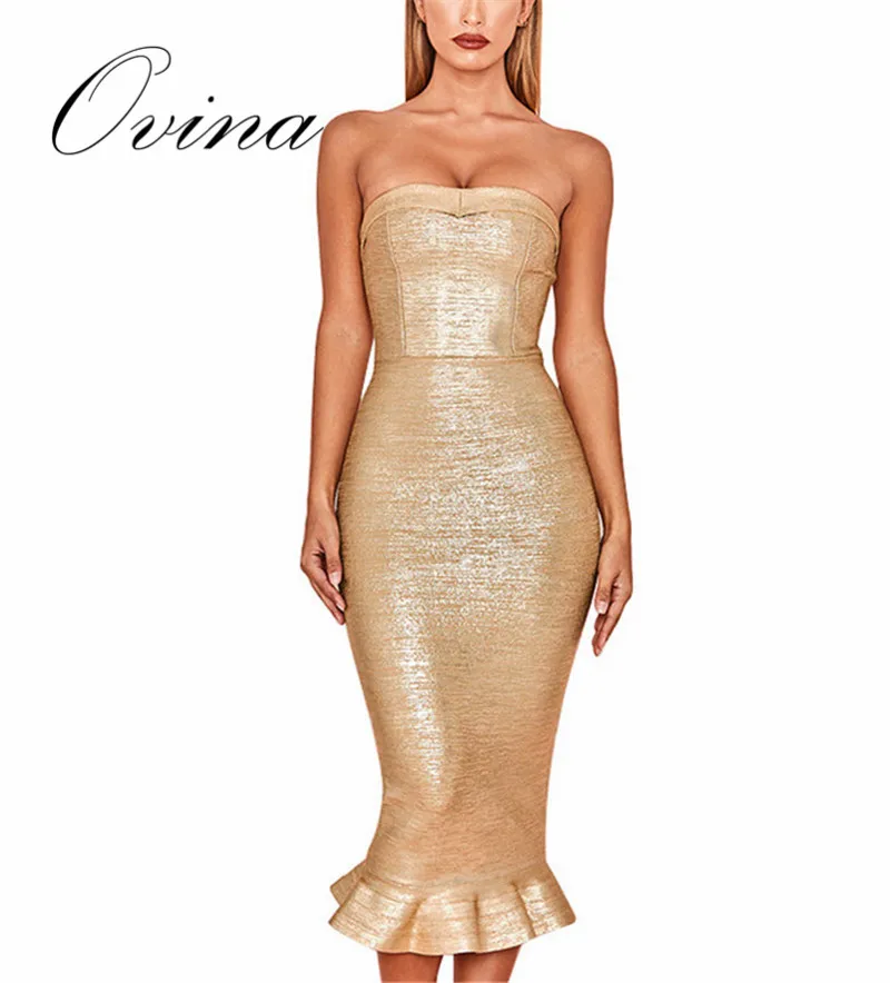 

Sexy Srapless Gold Stamping Ruffles Mid Calf Rayon Bandage Dress Women Evening Party Dress