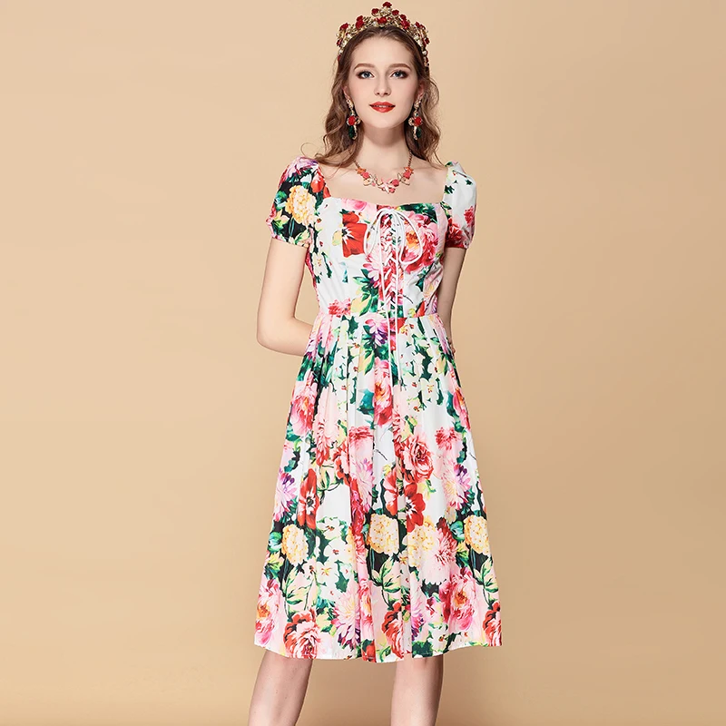 Baogarret 2019 Fashion Runway Summer Dress Women's Belted Floral Print Casual Holidays Party Slim Midi Elegant | Женская одежда