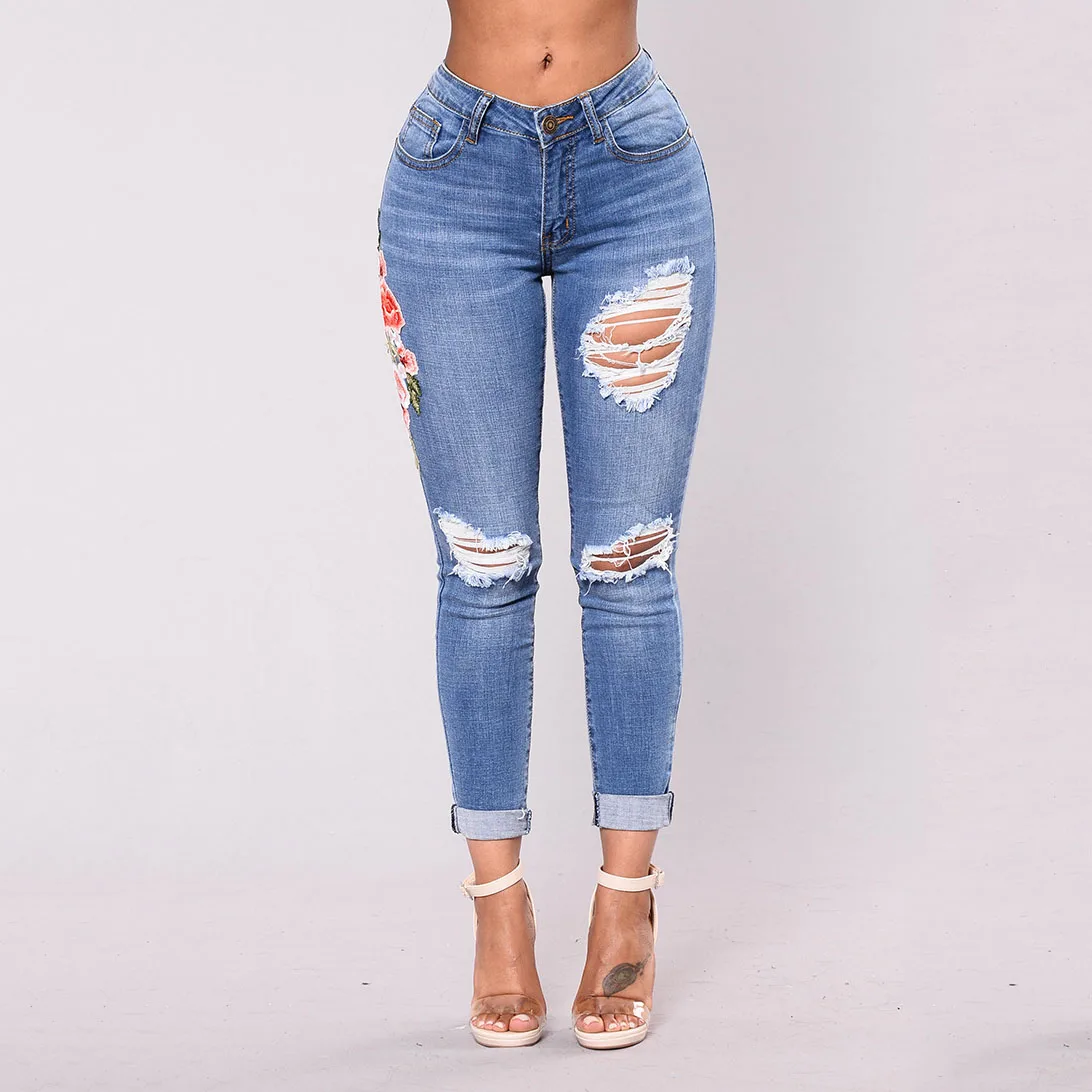 Вышитые джинсы женские 2020 рваные джинсовые штаны крутые винтажные с высокой