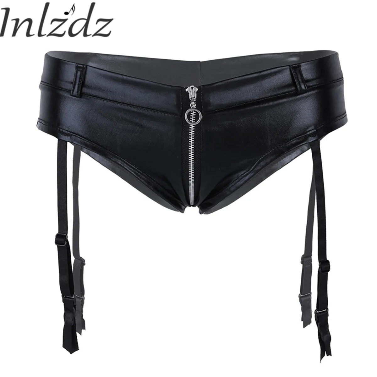 

Women's Pole Dance Rave Shorts Leather Zippered Shorts Lingerie Rave Costumes Zipper Open Crotch Slim Fit Shorts with Garters
