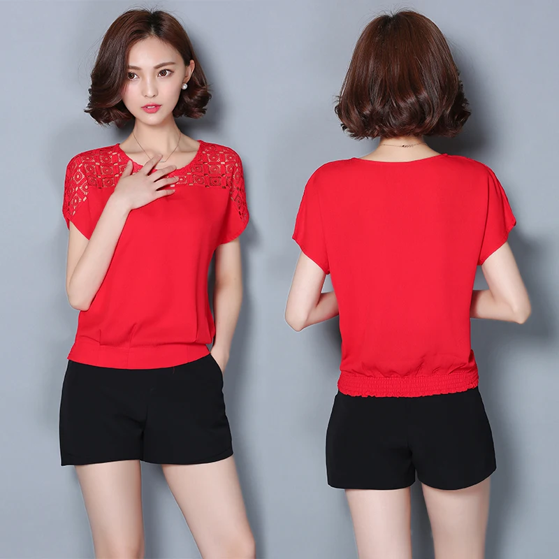 new fashion brand summer style Women's Clothing Blouses lace Hollow out chiffon Shirts o-neck Female short sleeve loose tops | Женская